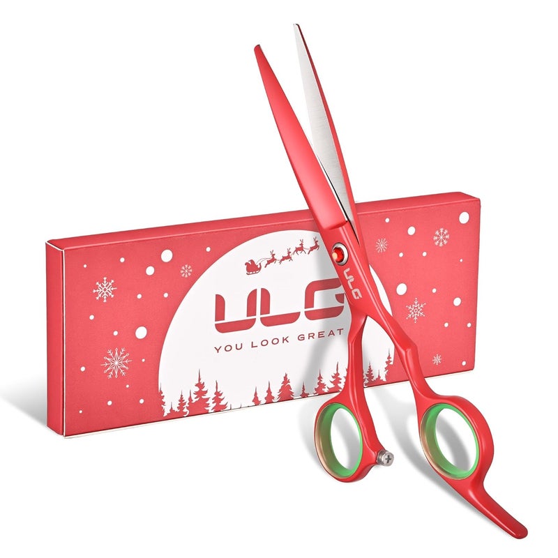 ULG مقص قص الشعر 6.5 بوصة، احترافي من الفولاذ المقاوم للصدأ الياباني، مقص حلاق حاد للغاية مع مقابض مريحة مائلة، خفيف الوزن ودائم للاستخدام من قبل المصممين في المنزل، إصدار عيد الميلاد الأحمر - Image 1